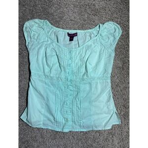 Y2K Gloria Vanderbilt Mint Green Cotton Eyelet Pintuck Button Front Blouse Small